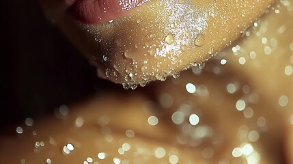 A close-up shot of a person's wet shoulder under a soft, gentle stream of water. The droplets delicately roll down the skin, 