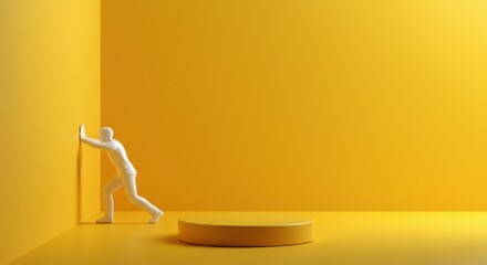 White statue pushing yellow wall in minimalist room with circular platform