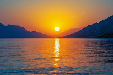 Wall Mural - Sunset over tranquil waters near mountain ranges at dusk