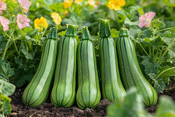 Wall Mural - Fresh zucchini harvest in a vibrant vegetable garden during summer