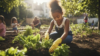 Young girl gardening with family in backyard on sunny day