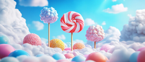 whimsical candy land landscape with lollipop and marshmallow trees in a blue sky, whimsical candy la