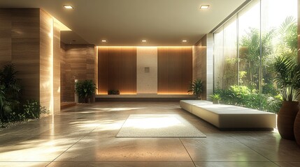 Wall Mural - Modern lobby with natural light and greenery.