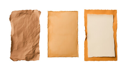 top view 3 Set of kraft papers lying on flat surface isolated on transparent background