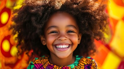 A joyful portrait of young african girl smiling in vibrant traditional attire.