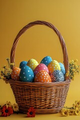 Colorful easter eggs arranged in a woven basket against a bright yellow background