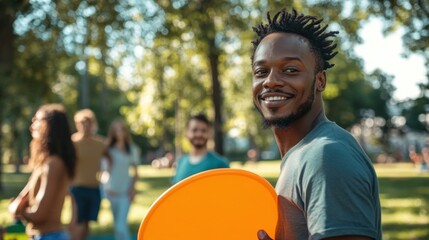 Sunny day in the park, a black man holding an orange frisbee, with friends in the background