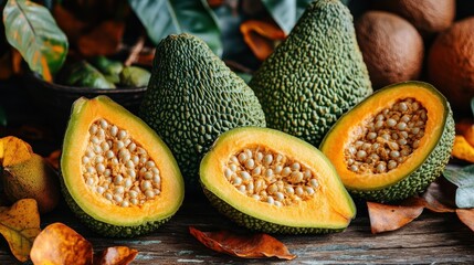 Ripe green avocados with half cut open and seeds visible on a wooden surface with leaves.