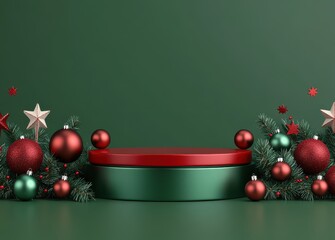 3D rendering of a festive Christmas podium background adorned with red and green ornaments, pine branches, and stars on an elegant green surface.