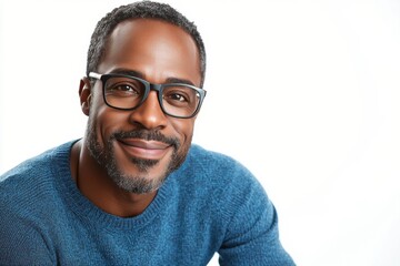 A smiling man with glasses wearing a blue sweater poses warmly against a white background