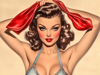 Sunlit Glamour: Captivating Pin-Up in Light Blue Bathing Suit and Red Scarf - Perfect for Sports Interior Posters!