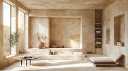 Wall Mural - Serene minimalist bathroom with natural materials and light.