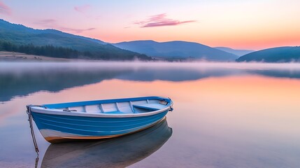Naklejka na meble A tranquil lakeside at sunrise, with mist rising from the water, a small boat anchored by the shore, and the sky painted in pastel colors
