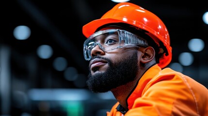 Wall Mural - A construction worker in an orange helmet and protective goggles observes with concentration at a job site, showcasing his commitment to safety and teamwork during operations