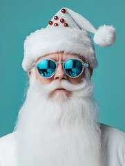 Santa Claus in white outfit with reflective blue sunglasses, showcasing a modern and stylish Christmas appearance.