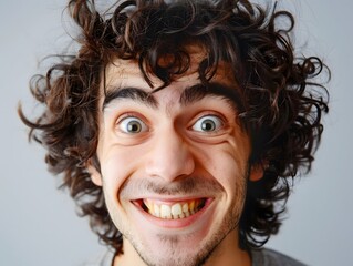 Close-up of a young man with curly hair making a goofy