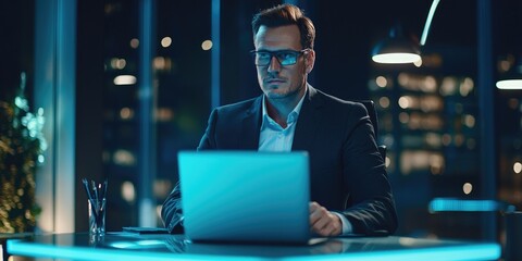 Fototapete - A professional man in a suit, participating in a video conference on his laptop in a high-tech office setting.
