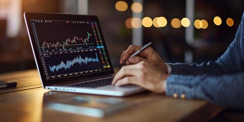Fototapete - A business executive reviewing stock market trends on a laptop in a sophisticated home office.