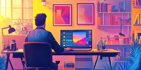 Fototapete - A graphic designer creating digital art on a laptop in a vibrant and creative studio.