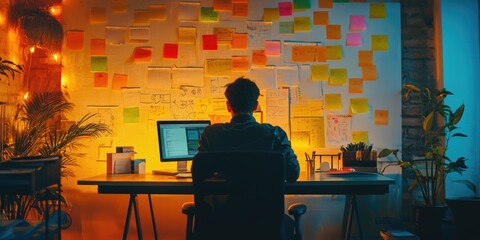 Fototapete - A startup founder brainstorming ideas on a laptop in an informal office with whiteboards and sticky notes.