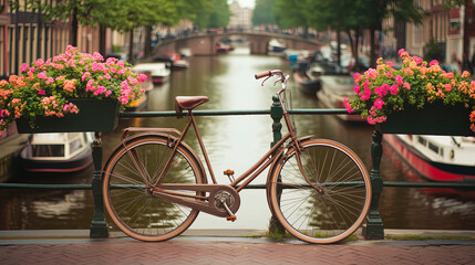 Bicycle parked near flower beds on a background of canals in Amsterdam, cityscape