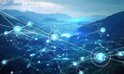 Blue sky and mountains with glowing network lines.