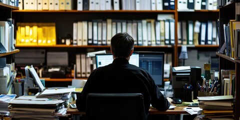 Poster - An office clerk organizing digital and physical files in an efficient workspace, displaying a methodical and detail-oriented approach.