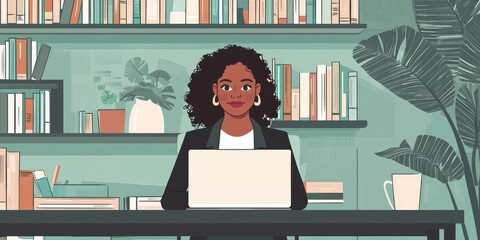 Fototapete - A businesswoman on a video call, with a laptop on a sleek desk and a bookshelf in the background.