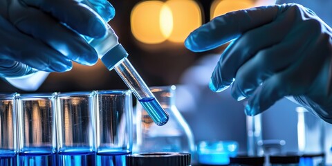 Wall Mural - a forensic scientist using a pipette to analyze a blue sample, with lab glassware around.