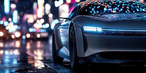 A close-up of futuristic headlights on an electric car reflects sleek design and modern technology against the night city lights.