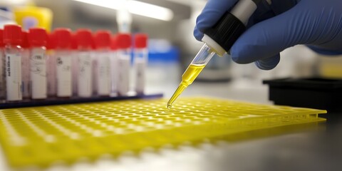 Wall Mural - A scientist uses a pipette to drop yellow liquid into a series of test tubes in a detailed lab setting.