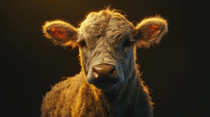 Poster - Close-up Portrait of a Young Brown and White Calf with Golden Light