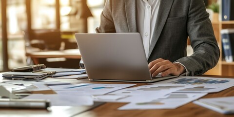 Fototapete - A corporate lawyer drafting a contract on a laptop in an organized office, surrounded by legal documents in a professional atmosphere.