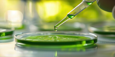 A scientist uses a pipette to drop green liquid into a Petri dish, with a detailed lab background.