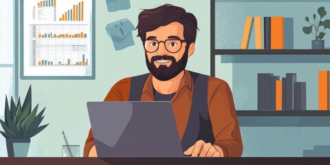 Fototapete - A business analyst preparing a report on a laptop, with a focused expression, using spreadsheets and data visualization tools.