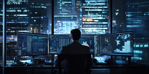 Poster - A corporate manager analyzing financial data, reviewing detailed spreadsheets across multiple screens in a sophisticated office setting.