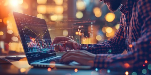 Fototapete - A business professional researching market trends on a laptop, analyzing graphs and statistics with insightful industry focus.