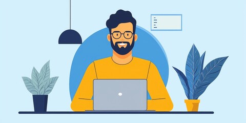 Fototapete - An entrepreneur participating in a video conference on a laptop, collaborating remotely in a startup culture with digital connectivity.