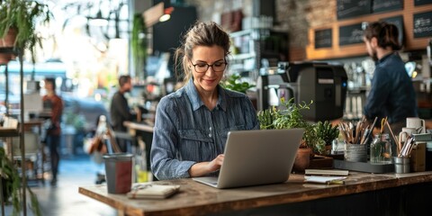 Fototapete - A project manager coordinating tasks on a laptop, efficiently handling multiple responsibilities in a busy open-plan office.