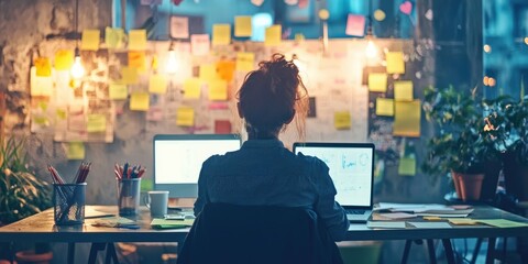 Fototapete - A startup founder brainstorming ideas on a laptop, surrounded by whiteboards and sticky notes in a creative co-working space.