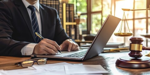 Fototapete - A corporate lawyer drafting contracts on a laptop, in a formal law office with organized documents and a professional atmosphere.
