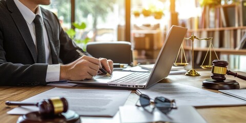 Fototapete - A corporate lawyer drafting contracts on a laptop, in a formal law office with organized documents and a professional atmosphere.