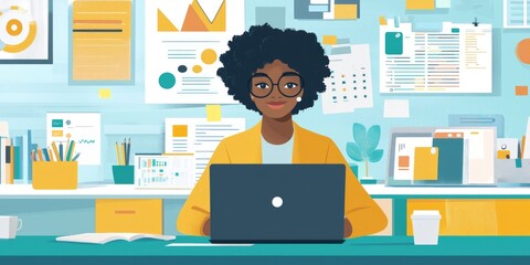 Fototapete - A digital marketer analyzing online campaigns on a laptop, in a vibrant and modern office space filled with creative tools.