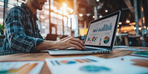 Fototapete - A digital marketer analyzing online campaigns on a laptop, in a vibrant and modern office space filled with creative tools.