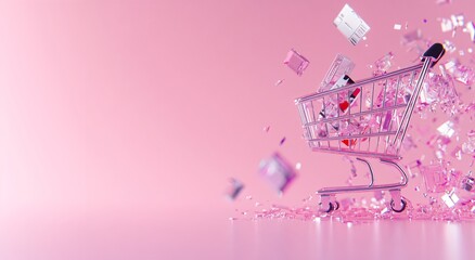 Chrome shopping cart with crystal shards on pink background. Online shopping concept. World shopping day banner. Modern retail marketing campaign with copy space