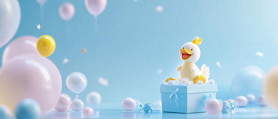 Cute Duckling Sitting on a Blue Box with Pastel Balloons