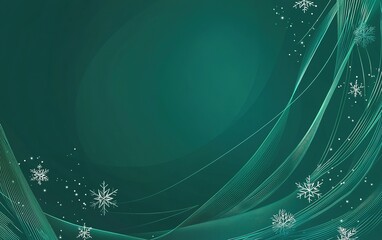 A serene winter backdrop featuring graceful swirls and snowflakes against a deep green background