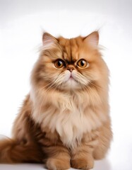 Persian cat sitting elegantly on a white background with fluffy fur and bright eyes