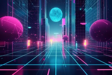Wall Mural - futuristic digital grid with neon lights and bold geometric patterns