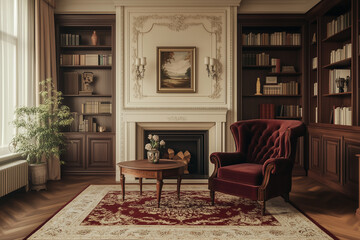 Traditional living room with classic, timeless decor. Walls painted in a soft ivory shade with elegant molding details.